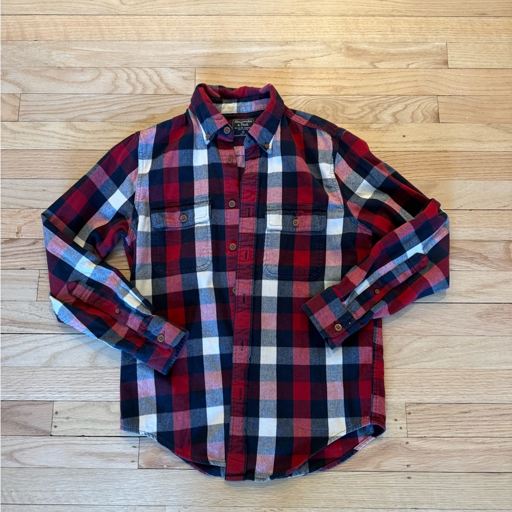 Abercrombie & Fitch Red, Black & White Plaid Button-Down Shirt
